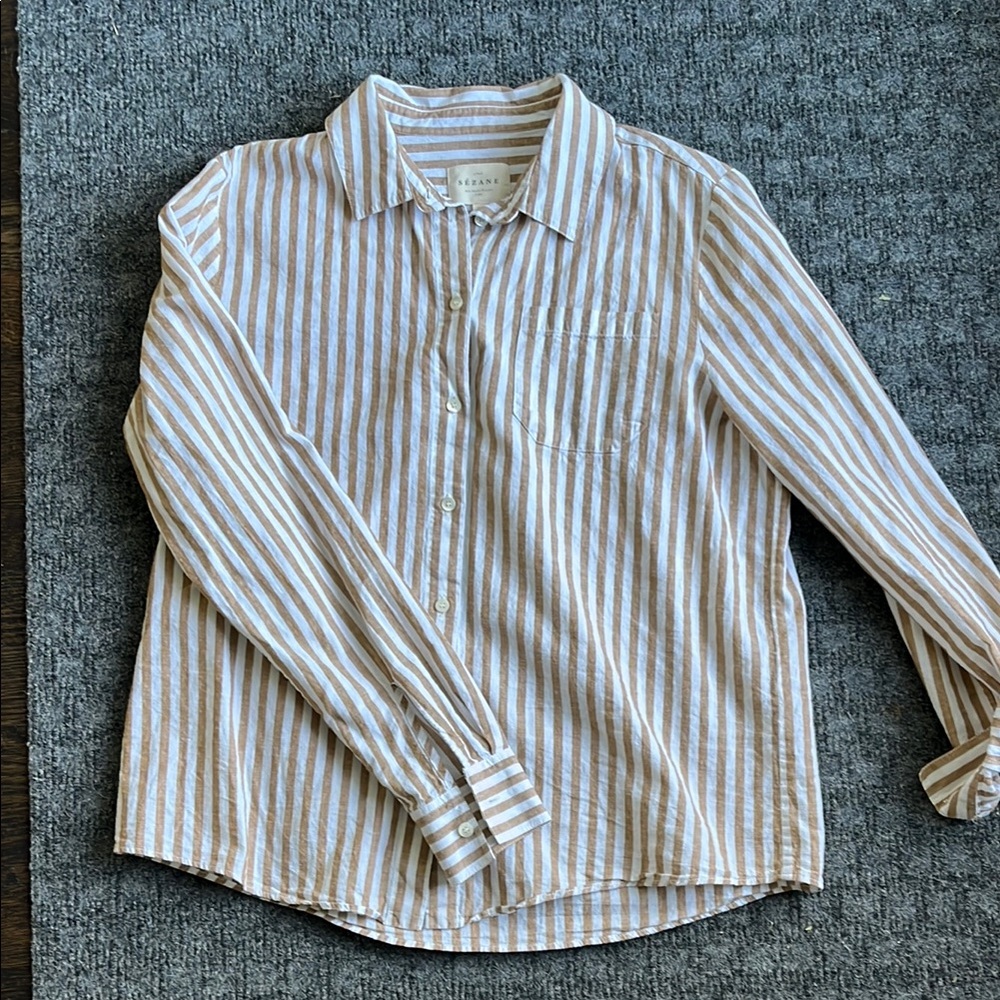 Sezane Tan and White Striped Button-Up Shirt